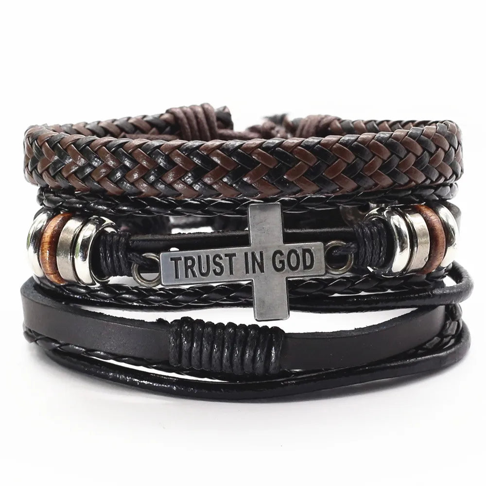 Mens leather cross bracelet